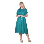 Platinum Φόρεμα Πετρολ Γυναικείο Σεμιζιέ Κοντομάνικο Midi Λινό Με Κουμπιά Και ζώνη All Day Free Size - LN-115-PR