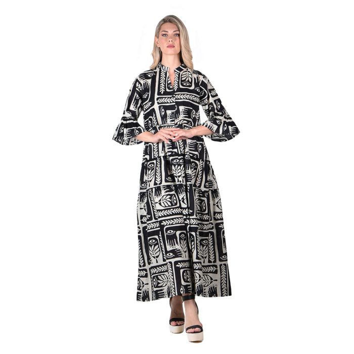 Platinum Φόρεμα Ασπρόμαυρο Γυναικείο Boho Μακρύ Τρουακαρ Με Κουμπιά All Day Free Size - BC-92419 - Image 4