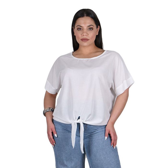 Platinum Μπλούζα Λευκή Γυναικεία Κοντομάνικη Ζαπονέ All Με Δέσιμο Free Size - 12455-MD - Image 3