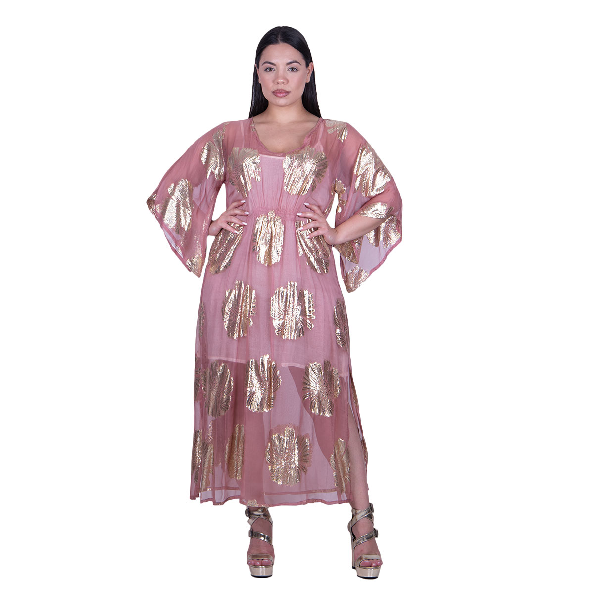 423129-RDa Platinum Καφτάνι - Τουνίκ Ροζ Αντικ Γυναικείο Μακρύ Με Χρυσά Σχέδια Free Size - 423129-RD - Image 1