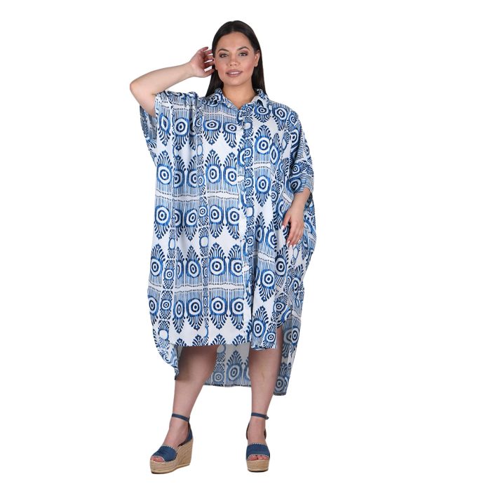 Platinum Φόρεμα - Καφτάνι Μπλε Με Λευκά Boho Σχέδια Γυναικεία Γιακά & Κουμπιά Free Size - 42456-C9