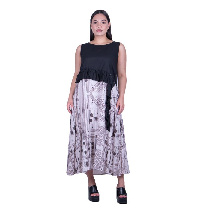 Platinum Φόρεμα Ασπρόμαυρο Γυναικείο Midi Αμάνικο Σε Άλφα Γραμμή All Day Free Size - 52122 - Image 3