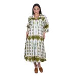 Platinum Φόρεμα Λαδί - Λευκό Με Boho Σχέδια Γυναικείο Midi Τρουακάρ Μακρύ Λινό Με Βαμβάκι - KR-82409