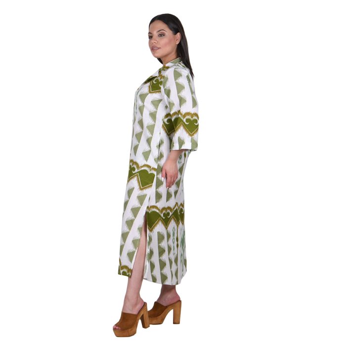 Platinum Φόρεμα Λαδί - Λευκό Με Boho Σχέδια Γυναικείο Midi Τρουακάρ Μακρύ Λινό Με Βαμβάκι - KR-82409 - Image 4