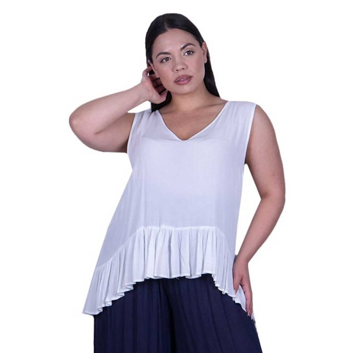 Platinum Μπλούζα Λευκή Γυναικεία Αμάνικη Ασύμμετρη Klos Βολάν Free Size - 22123-WD