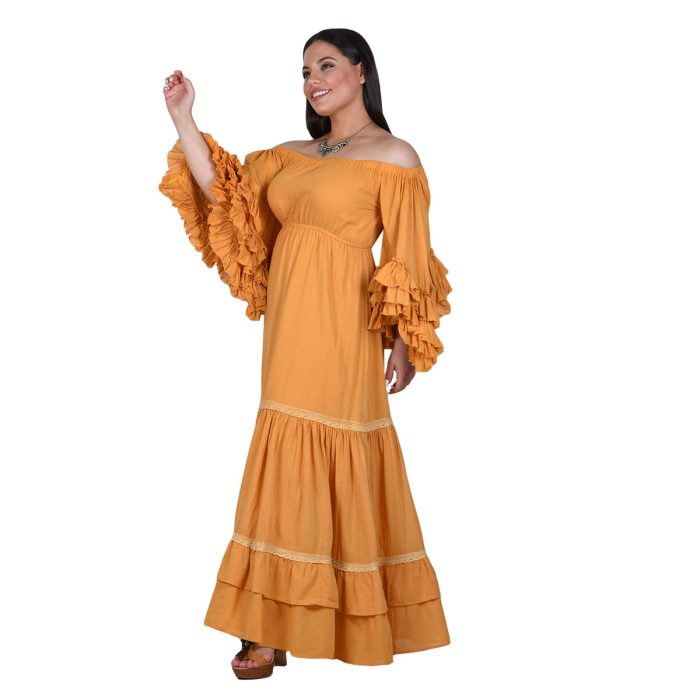 Platinum Φόρεμα Ώχρα Γυναικείο Vintage Ρομαντικό Με Μανίκι Βολάν Έξω Ώμους All Day Free Size - SAR-62206-MO - Image 4