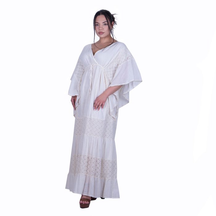 Platinum Φόρεμα Eκρού Γυναικείο Μaxi Vintage Με Ντεκολτέ & Δαντέλα Free Size - SAR-106-EK - Image 3