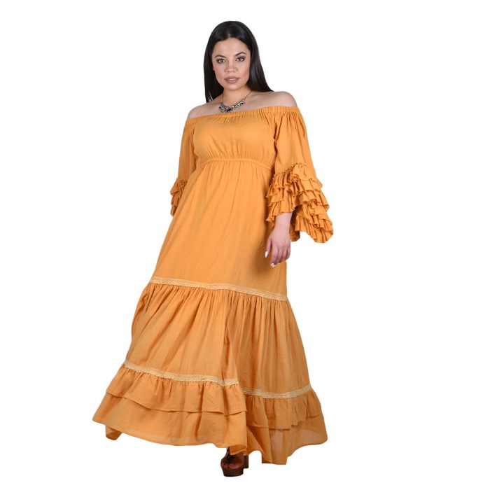 Platinum Φόρεμα Ώχρα Γυναικείο Vintage Ρομαντικό Με Μανίκι Βολάν Έξω Ώμους All Day Free Size - SAR-62206-MO - Image 3