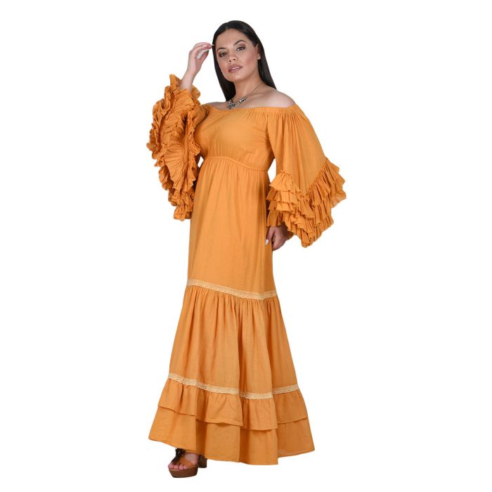 Platinum Φόρεμα Ώχρα Γυναικείο Vintage Ρομαντικό Με Μανίκι Βολάν Έξω Ώμους All Day Free Size - SAR-62206-MO - Image 5