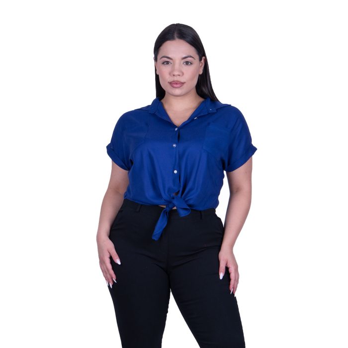 Platinum Μπλουζοπουκάμισο Μπλε Γυναικείο Με Δέσιμο Και Κουμπιά Κοντομάνικο Casual - 22302-BL