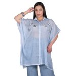 Platinum Καφτάνι - Πουκαμίσα Γαλάζιο Γυναικείο Με Κουμπιά & Κεντητά Σχέδια Free Size - KU-52409-GA