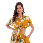 Platinum Πουκάμισο Ώχρα Με Tropical Σχέδια Γυναικεία Κοντό Με Δέσιμο Κοντομάνικο All Day - 22428
