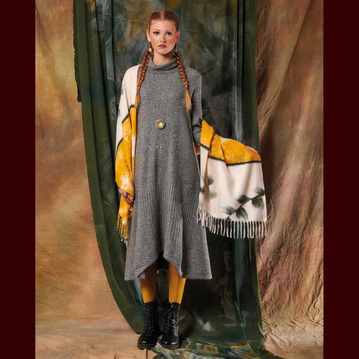 Platinum Φόρεμα Γκρι Γυναικείο Πλεκτό Casual Εβαζέ Ασύμμετρο All Day Free Size - 8422-GR