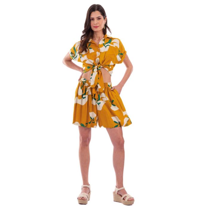 Platinum Πουκάμισο Ώχρα Με Tropical Σχέδια Γυναικεία Κοντό Με Δέσιμο Κοντομάνικο All Day - 22428 - Image 4