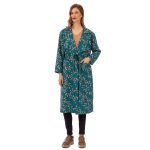 Platinum Παλτό Πετρόλ Με Εκρού Άνθη Γυναικείο Με Γιακά Midi Casual All Day Free Size -154-GU