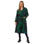 Platinum Παλτό Μωβ Με Πράσινα Κλαδιά Γυναικείο Με Γιακά Midi Casual All Day Free Size - 155-GU