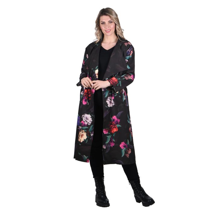 Platinum Καπαρτίνα Μαύρη Με Πολύχρωμα Floral Γυναικείο Midi Με Γιακά All Day Free Size - 156-GU - Image 9