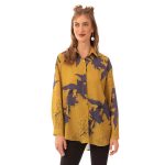 Platinum Πουκάμισο Ώχρα Με Μωβ Λουλούδια Γυναικείο Mακρυμάνικο Boho All Day - 178-GU