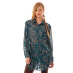 Platinum Πουκάμισο Πετρολ Με Εκρού Άνθη Γυναικείο Mακρυμάνικο Μακρύ Free Size - 181-GU-PR