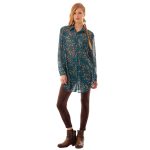 Platinum Πουκάμισο Πετρολ Με Εκρού Άνθη Γυναικείο Mακρυμάνικο Μακρύ Free Size - 181-GU-PR - Image 2