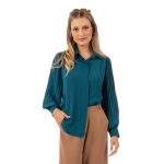 Platinum Πουκάμισο Πετρόλ Γυναικείο Mακρυμάνικο Με Πλισέ Μανίκια All Day Free Size - 5160-PR