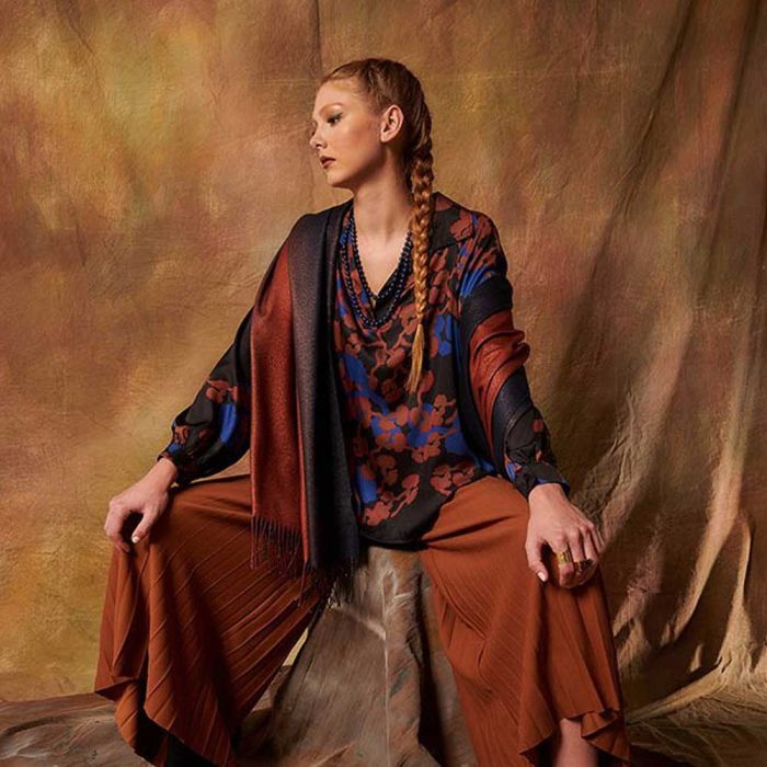 Platinum Πουκάμισα - Μπλούζα Μαύρη Με Μπλε - Καφέ Εμπριμέ Γυναικεία Mακρυμάνικη All Day Free Size - 185-GU