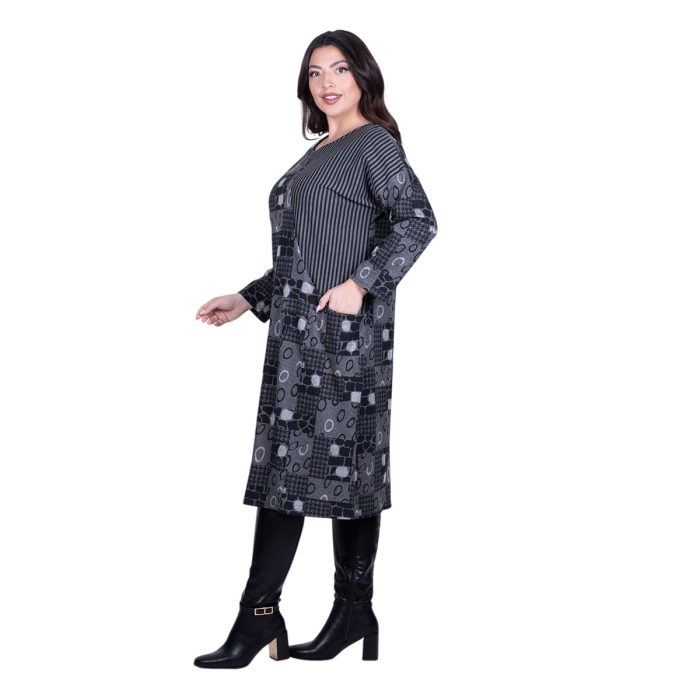 Platinum Φόρεμα Μαύρο - Γκρι Γυναικείο Μidi Με Γεωμετρικά All Day Free Size - FS-39194 - Image 3