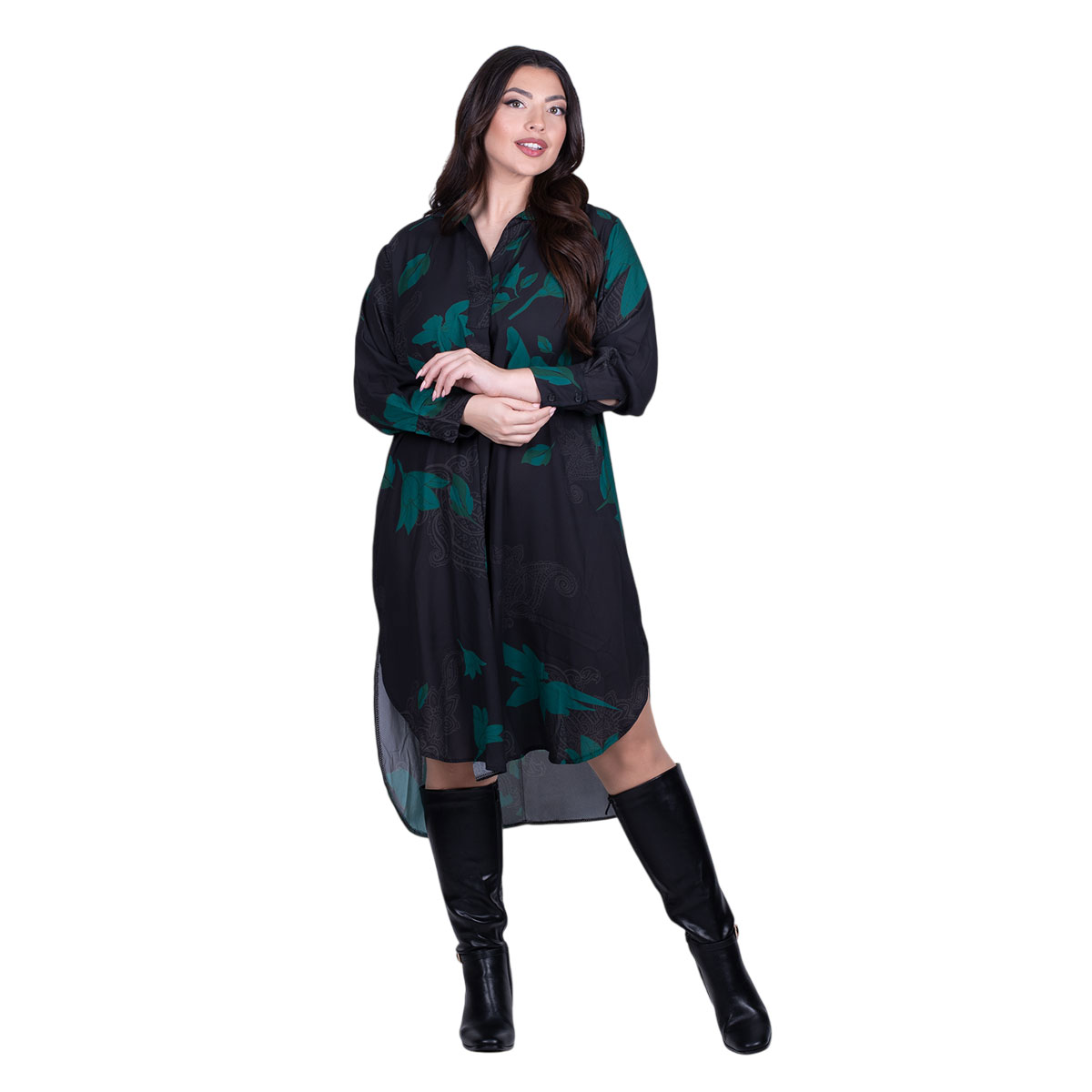 FS-55-GU Platinum Φόρεμα - Πουκαμίσα Γυναικείο Μαύρο Με Πράσινο Ασύμμετρο Midi All Day Free Size - FS-55-GU - Image 1