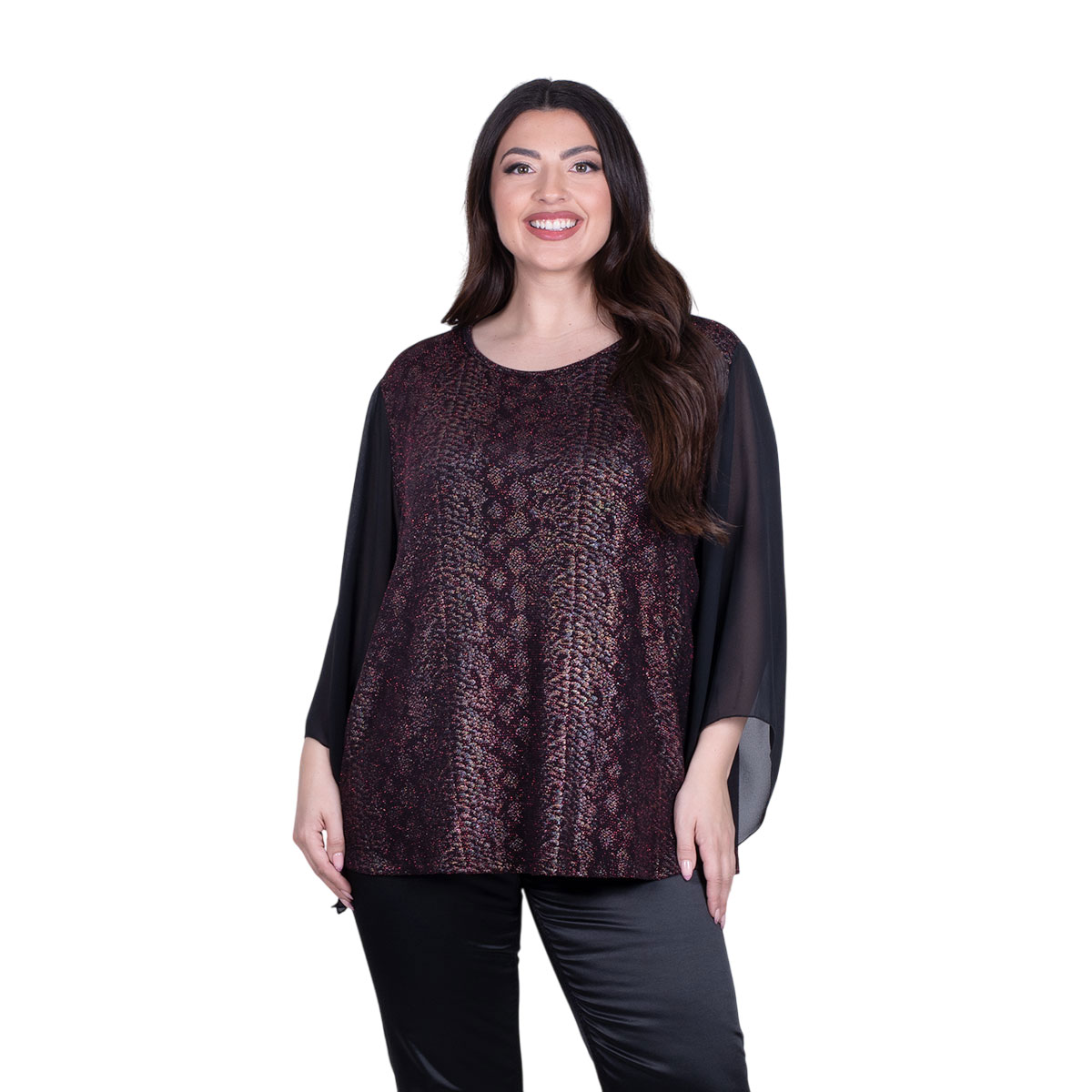 GM-24933-GR Gomore Μπλούζα Σκούρο Γκρενά Γυναικεία Βραδινή Μελανζέ Τρουακαρ Με Μουσελίνα - GM-24933-GR - Image 1