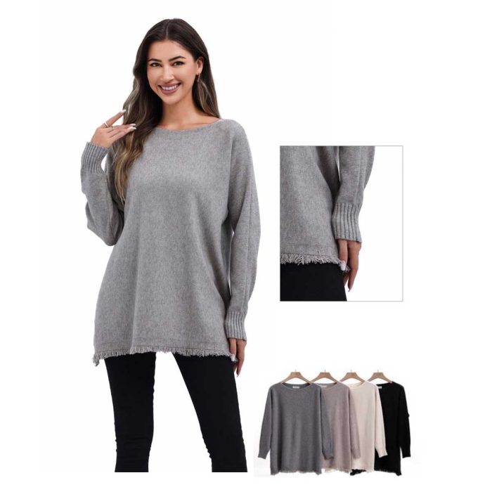 Platinum Μπλούζα Γκρι Γυναικεία Μακριά Πλεκτή Με Κρόσσια Αll Day Free Size - 031-42-G - Image 4