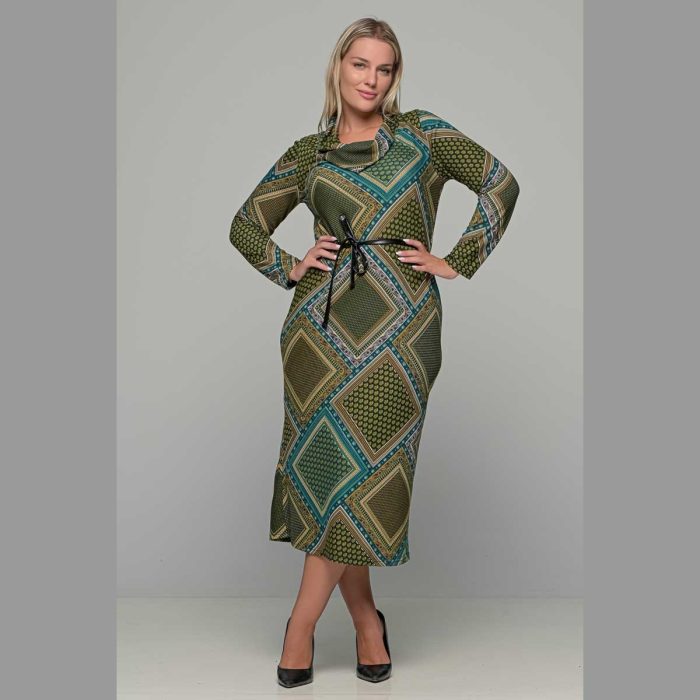 Gomore Φόρεμα Πράσινο Με Boho Σχέδιο Γυναικείο Ξεχειλωτό Γιακά Μidi All Day - GM-36761 - Image 3