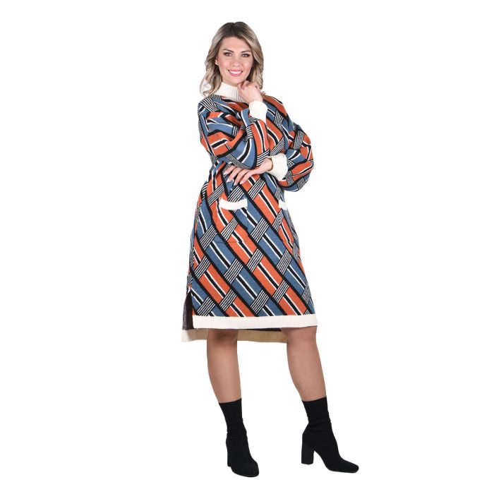 Platinum Φόρεμα Μπλέ - Κεραμιδί Γυναικείο Με Σχέδια Πλεκτό Boho Casual All Day Free Size - 228-42