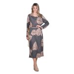 Gomore Φόρεμα Γκρι Με Γήινα Φύλλα Γυναικείο Ξεχειλωτό Γιακά Μidi All Day - GM-36762-BR