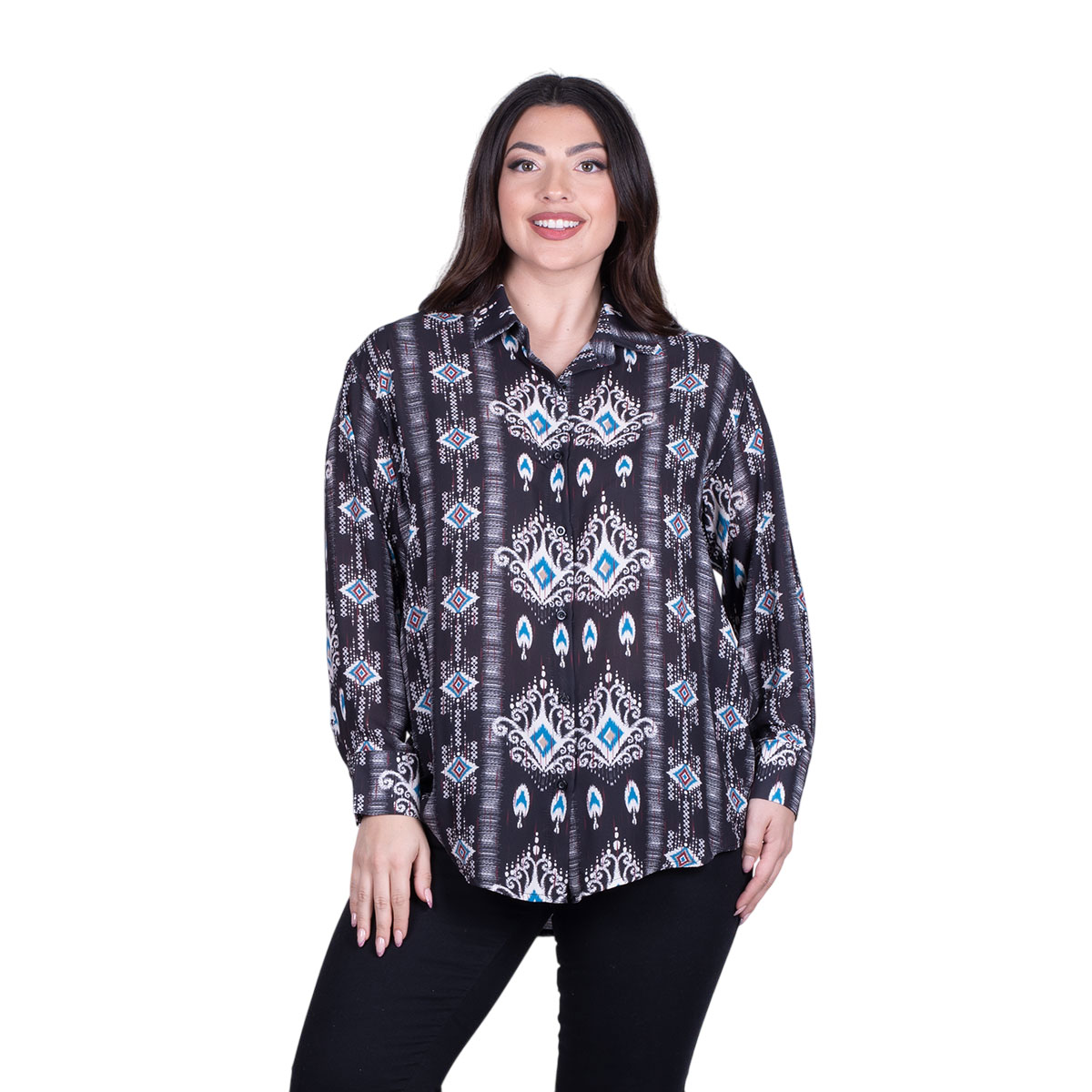 IT-127-KC-BC Platinum Πουκάμισο Μαύρο Γυναικείο Mακρυμάνικο Μακρύ Με Boho Σχέδια Free Size - IT-127-KC-BC - Image 1