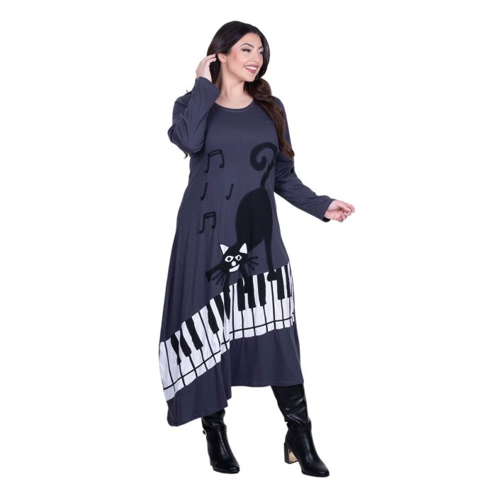 Platinum Φόρεμα Γκρι Γυναικείο Απλικέ Midi ''Γάτα Στο Πιάνο Patchwork'' All Day Free Size - PL-835-GR - Image 3