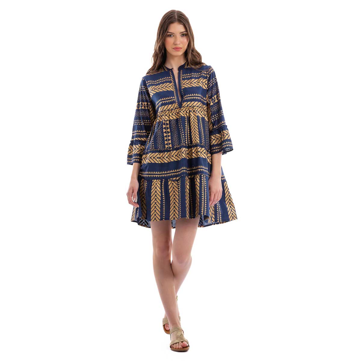 12123-L Platinum Φόρεμα - Καφτάνι Μπλε Με Χρυσό Γυναικείο Klos Μini Με Αρχαιοελληνικά Σχέδια -12123-L - Image 1