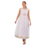 Platinum Φόρεμα Λευκό Με Χρυσά Κεντητά Σχέδια Γυναικείο Αμάνικο Μακρύ Εβαζέ All Day Free Size -124132-W