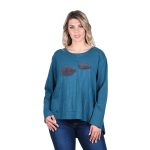 Platinum Μπλούζα Πετρόλ Γυναικεά Μακρυμάνικη Ασύμμετρη Casual "Απλικέ Σύννεφα"- 2016-BL