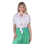 Platinum Πουκάμισο Λευκό Γυναικείο Κοντό Με Δέσιμο Κοντομάνικο Casual All Day Free Size - 22302-W