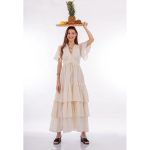 Platinum Φόρεμα Eκρού Γυναικείο Κοντομάνικο Μaxi Ρομαντικό Vintage Με Βολάν Free Size - SAR-62306