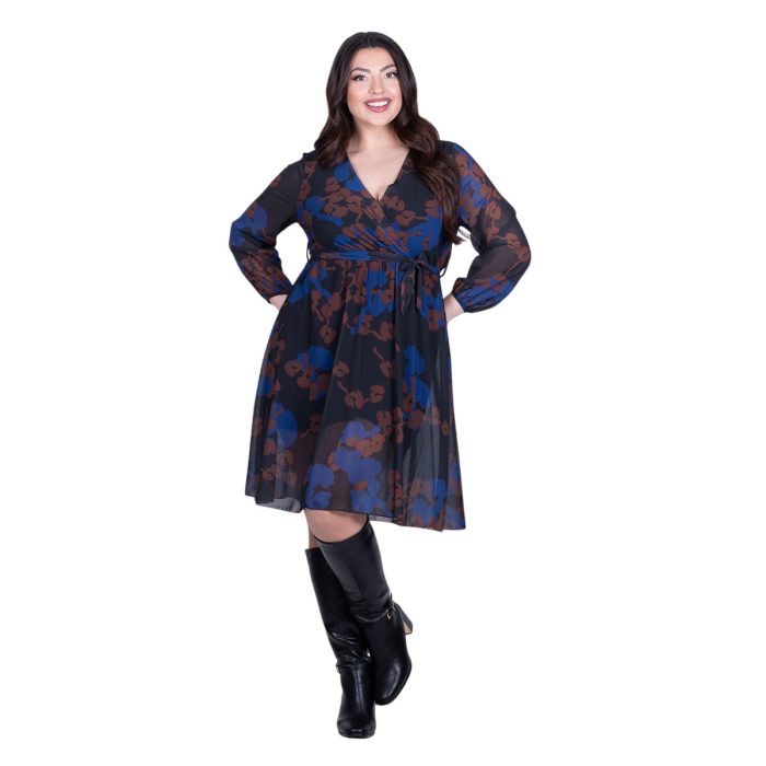Platinum Φόρεμα Μαύρο Με Μπλε - Καφέ Σχέδια Γυναικείο Κρουαζέ Κοντό All Day Free Size - IT-169-GU