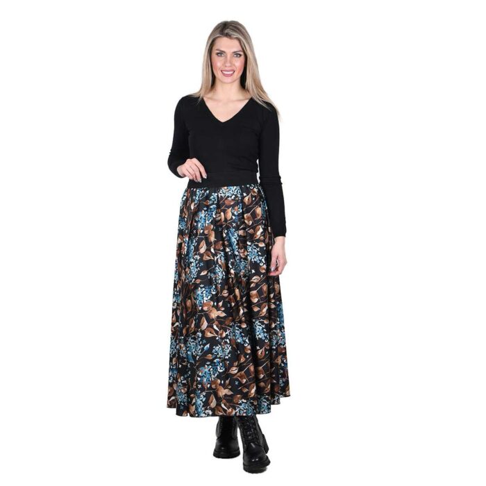 Platinum Φούστα Μαύρη Με Γήινα Και Μπλε Floral Γυναικεία Με Σούρα Μακριά Free Size - IT-2507-BL