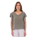 Platinum Μπλούζα Χακί Γυναικεία Λινή Κοντομάνικη Με Μανίκια Βολάν All Day Free Size - LN-112-GH - Image 2