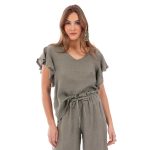 Platinum Μπλούζα Χακί Γυναικεία Λινή Κοντομάνικη Με Μανίκια Βολάν All Day Free Size - LN-112-GH