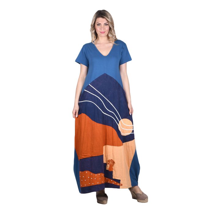 Platinum Φόρεμα Μπλε Γυναικείο Απλικέ Maxi Κοντομάνικο ''Ανατολή Του Ήλιου Patchwork'' All Day - S-103-BL - Image 4