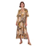 Platinum Καφτανοφόρεμα Λαδί Με Μπεζ Boho Σχέδια Γυναικείο Μακρύ Κοντομάνικο - 22504