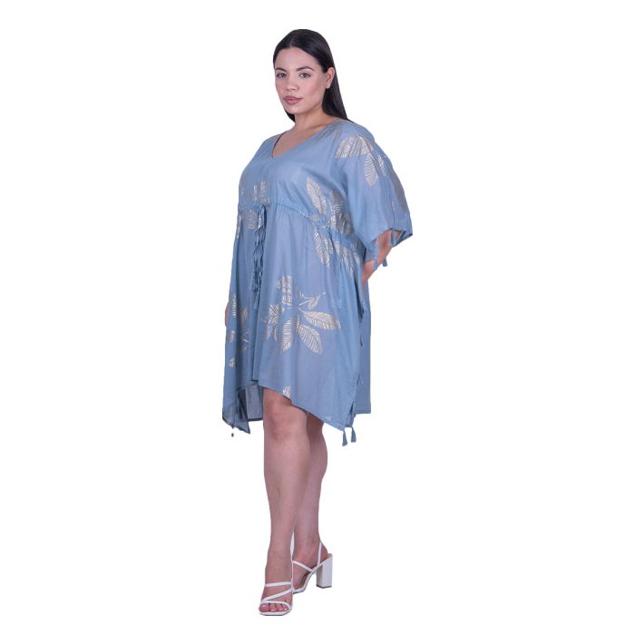 32445-BLa Platinum Καφτάνι Γαλάζιο Γυναικείο Κοντό Ζαπονέ Με Χρυσό Σχέδιο Και Φούντες Free Size - 32445-BL - Image 2