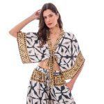 Platinum Top Λευκό Γυναικείo Με Μαύρα & Κίτρινα Boho Σχέδια Κοντομάνικo Free Size - 42571