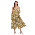 Platinum Ολόσωμη Φόρμα Εκρού Με Λαδί Φύλλα Γυναικεία Τιραντέ Αέρινη Εξώπλατη - 72509