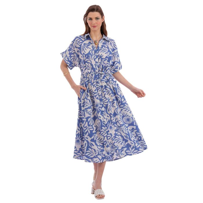 Platinum Φόρεμα Γαλάζιο - Λευκό Γυναικείο Σεμιζιέ Κοντομάνικο Μακρύ Βαμβακολινό All Day - SE-72519